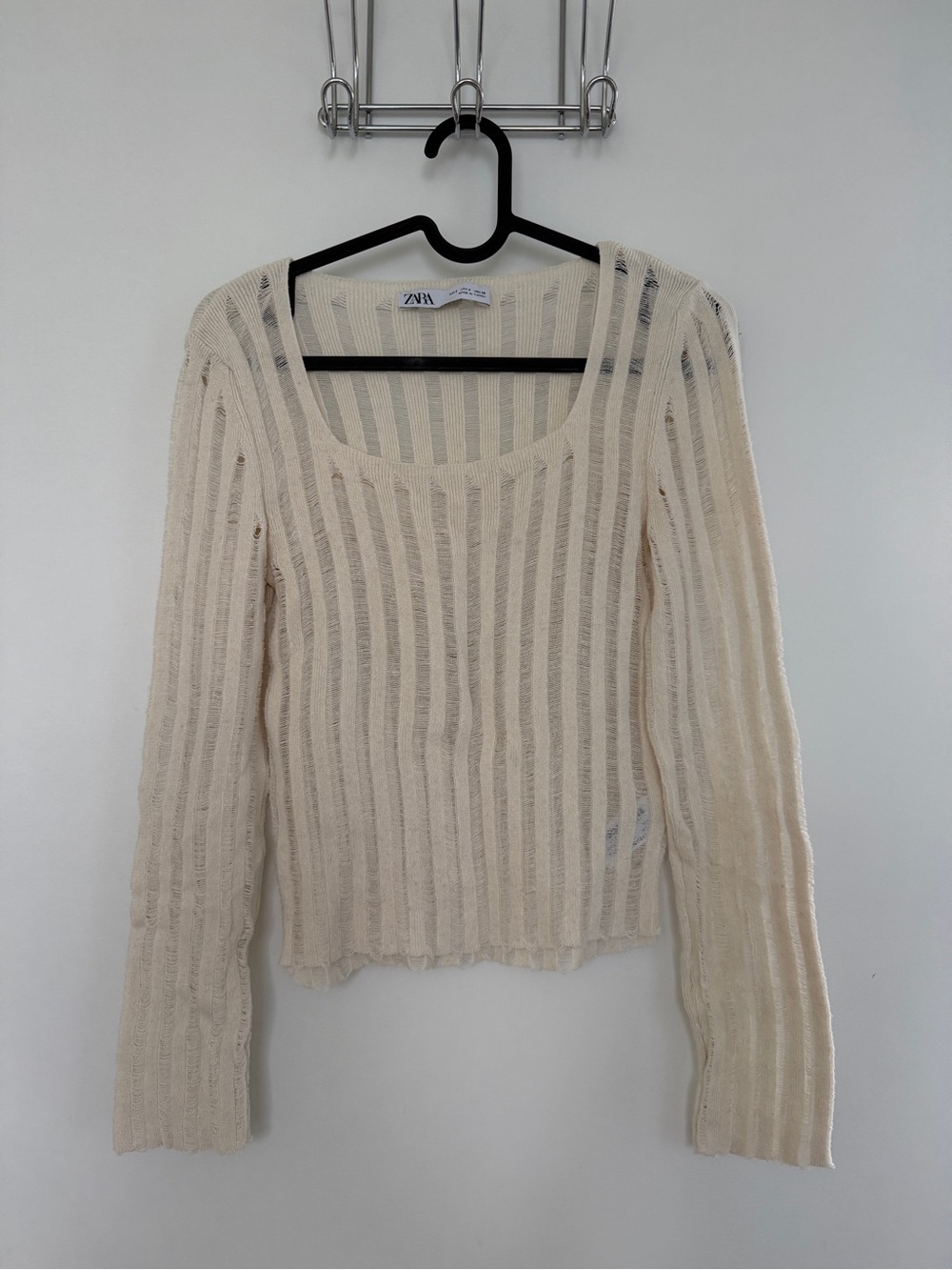 ZARA Cream Sheer Ribbed Scoop Neck Long Sleeve Top